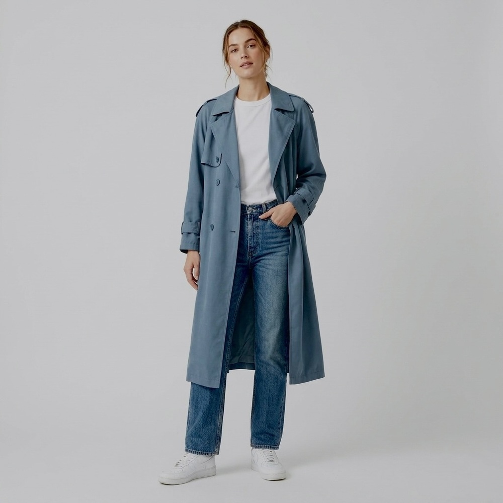 Vtg UTEX DESIGN GROUP Classic Double-Breasted Dusty Blue 8 Long Line Trench Coat